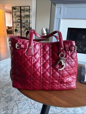 Dior Quilted Red Leather Tote Bag with Silver Hardware